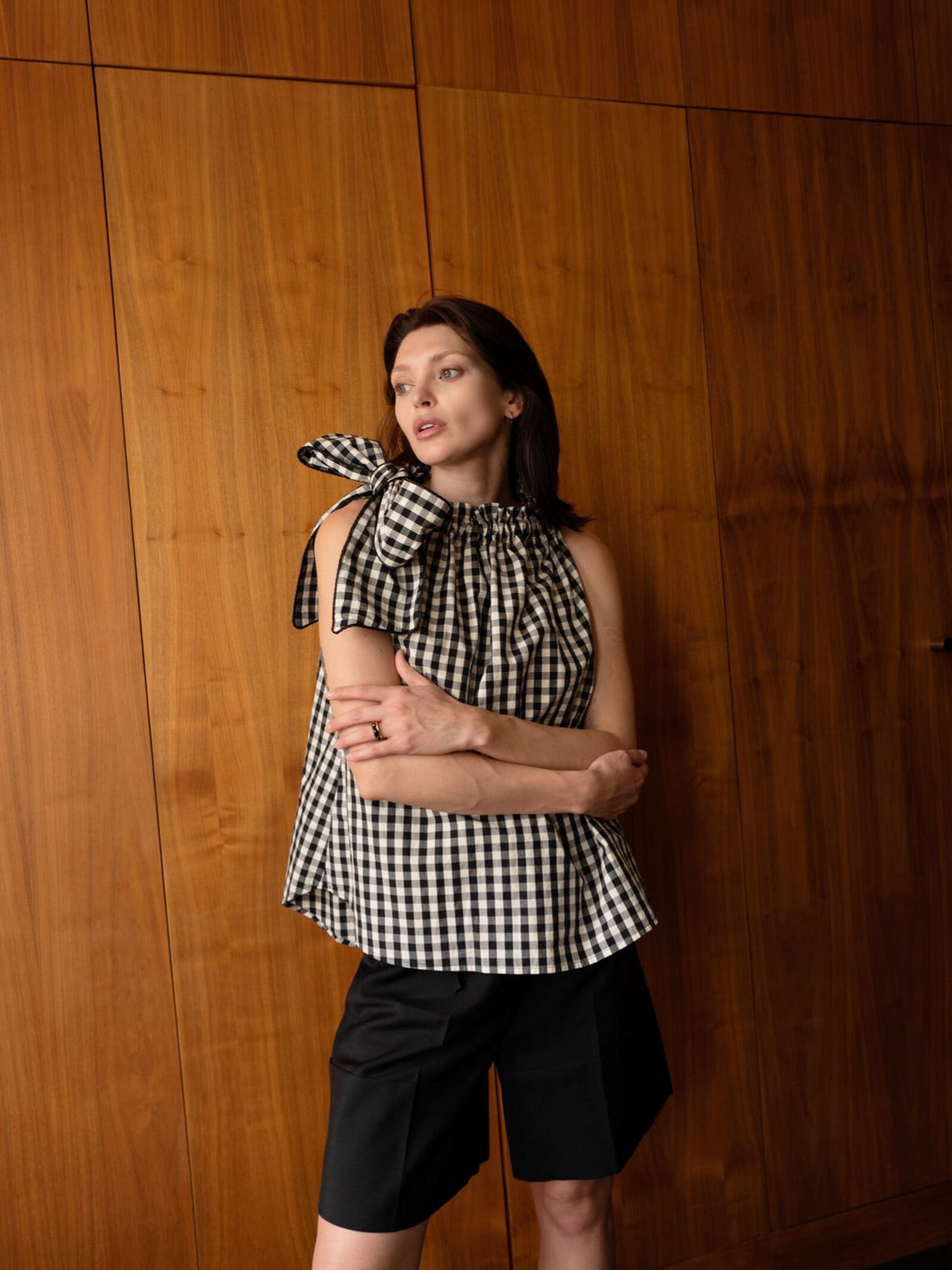 Pussy-bow Gingham Blouse