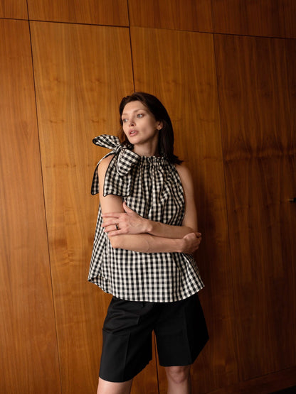 Pussy-bow Gingham Blouse